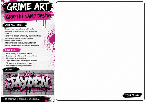 Graffiti Name Design Worksheet | Grime Art Typography Activity | KS2 KS3 Art