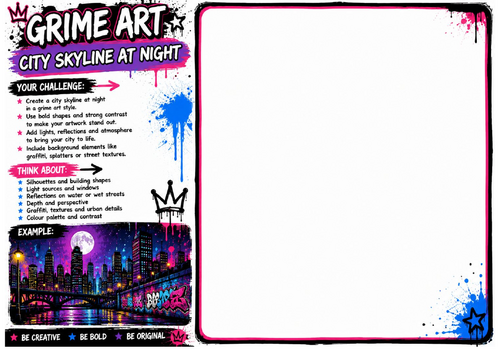 City Skyline at Night Worksheet | Urban Landscape Drawing | KS2 KS3 Art
