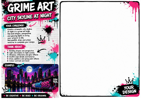 City Skyline at Night Drawing Worksheet | Grime Art Cityscape | KS2 KS3 Cover Lesson