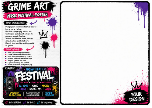 Music Festival Poster Worksheet | Grime Art Poster Design | KS2 KS3 Art