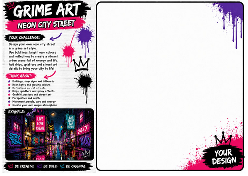 Neon City Street Worksheet | Urban Night Scene Drawing | KS2 KS3 Art