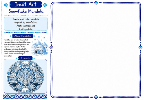 Inuit Art Worksheet 16 | Snowflake Mandala | KS2 KS3 Art Cover Lesson | Arctic Pattern Drawing Activ