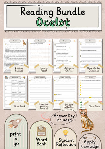 Ocelot Premium Reading Comprehension Activities Bundle with Word Bank