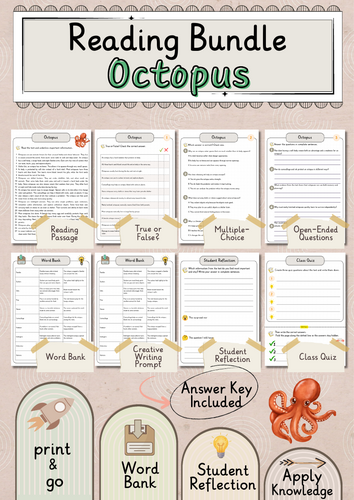 Octopus Premium Reading Comprehension Activities Bundle with Word Bank