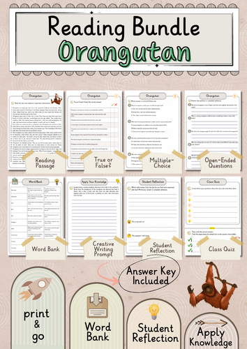Orangutan Premium Reading Comprehension Activities Bundle with Word Bank