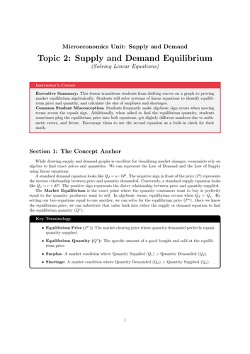 Secondary Economics Cover Work: Supply & Demand Equilibrium