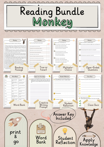 Monkey Premium Reading Comprehension Activities Bundle with Word Bank