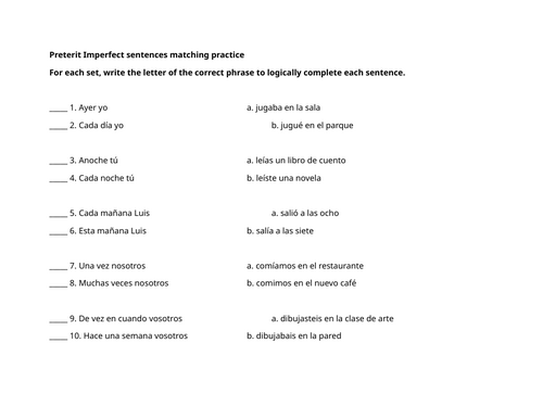 Preterit Imperfect sentences matching practice