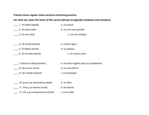 Present tense regular verbs sentence matching practice