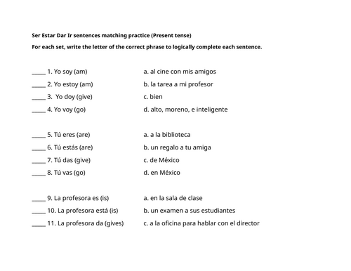 Ser Estar Dar Ir sentences matching practice (Present tense)