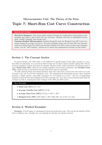 Secondary Economics Cover Work: Short-Run Cost Curve Construction