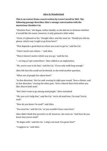 Alice in Wonderland Worksheet