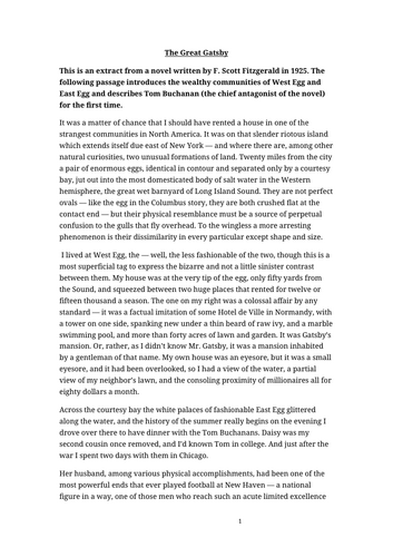 The Great Gatsby Worksheet