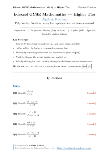 Algebraic Fractions | 25 Worked Examples | Edexcel GCSE Higher Maths