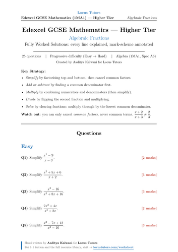 Algebraic Fractions | 25 Worked Examples | Edexcel GCSE Higher Maths