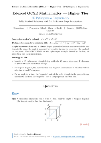 3D Pythagoras | 25 Worked Examples | Edexcel GCSE Higher Maths