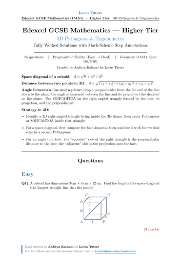 3D Pythagoras | 25 Worked Examples | Edexcel GCSE Higher Maths