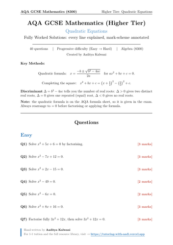 Quadratic Equations | 40 Worked Examples | AQA GCSE Higher Maths