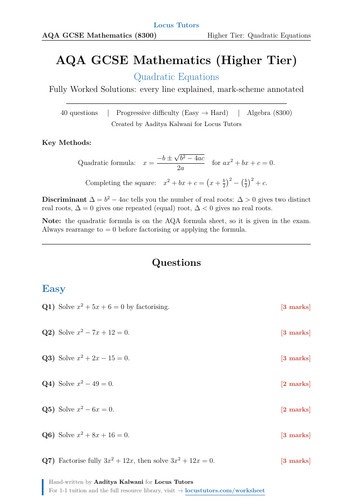 Quadratic Equations | 40 Worked Examples | AQA GCSE Higher Maths