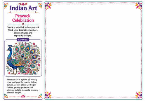 Peacock Celebration | Indian Art Worksheet | KS2 KS3 Pattern & Colour Activity