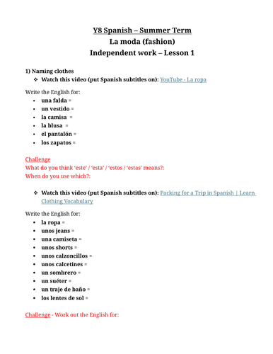 KS3 Spanish Independent IT task: clothes, colours, llevar in present, frequencies