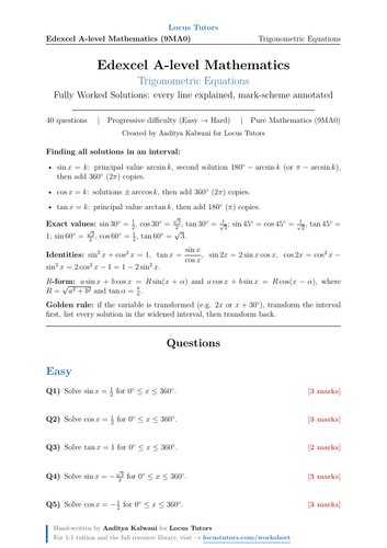Trigonometric Equations | 40 Worked Examples | Edexcel A-Level Maths