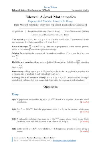 Exponential Models Growth and Decay | 40 Worked Examples | Edexcel A-Level Maths