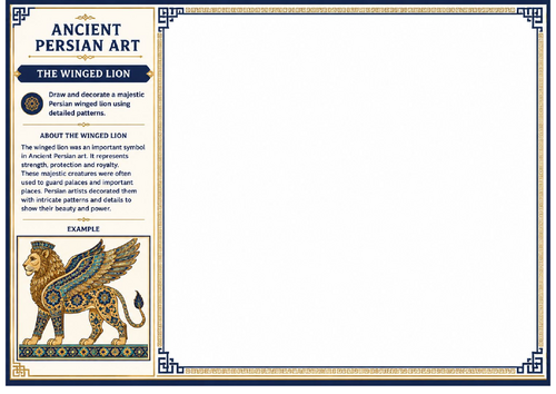 Ancient Persian Art Winged Lion Worksheet | KS2 KS3 Mythical Creatures Drawing Activity | Cover Less