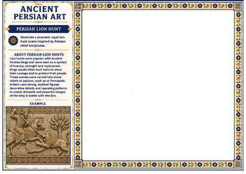 Ancient Persian Art Lion Hunt Worksheet | KS2 KS3 Historical Drawing Activity