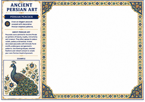 Ancient Persian Art Peacock Worksheet | KS2 KS3 Pattern Drawing Activity