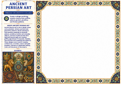 Ancient Persian Art Decorative Collage Worksheet | KS2 KS3 Mixed Theme Drawing Activity