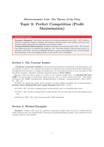 Secondary Economics Cover Work: Perfect Competition (Profit Maximization)
