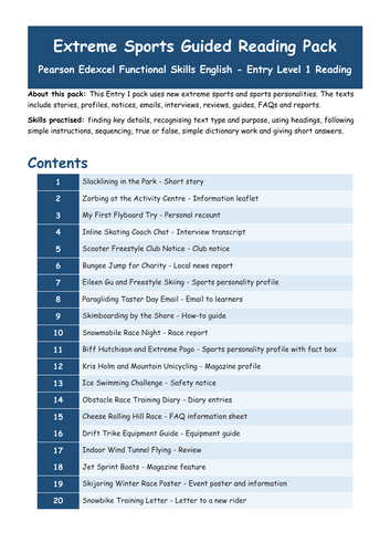 Extreme Sports Guided Reading Bundle | Functional Skills English Entry 1–3 | 60 Reading Texts