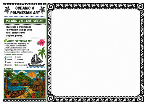 Island Village Scene | Oceanic & Polynesian Art Worksheet | KS2 KS3 Cultural Landscape