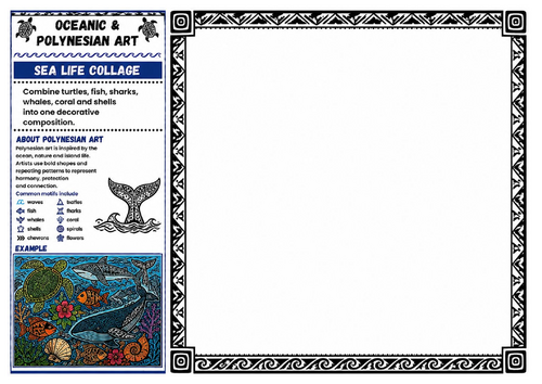 Sea Life Collage | Oceanic & Polynesian Art Worksheet | KS2 KS3 Marine Art