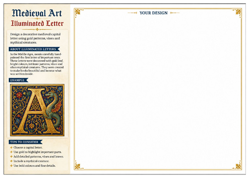 Illuminated Letter Worksheet | Medieval Art | KS2 KS3 Art & Design | Drawing & Pattern Activity