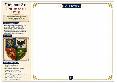 Heraldic Shield Design Worksheet | Medieval Art | KS2 KS3 Art & Design | Heraldry Activity