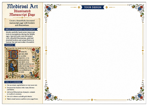 Illuminated Manuscript Worksheet | Medieval Art | KS2 KS3 Art & Design | Medieval Books Activity