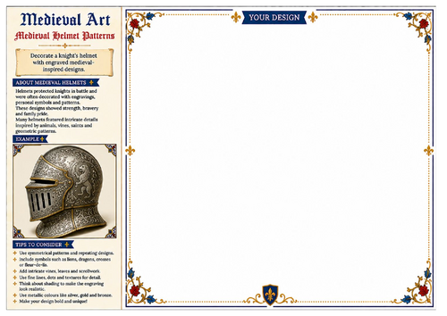 Medieval Helmet Patterns Worksheet | Medieval Art | KS2 KS3 Art & Design | Armour Design Activity