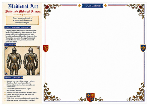 Patterned Medieval Armour Worksheet | Medieval Art | KS2 KS3 Art & Design | Decorative Drawing Activ