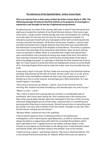 The Adventure of the Speckled Band Worksheet