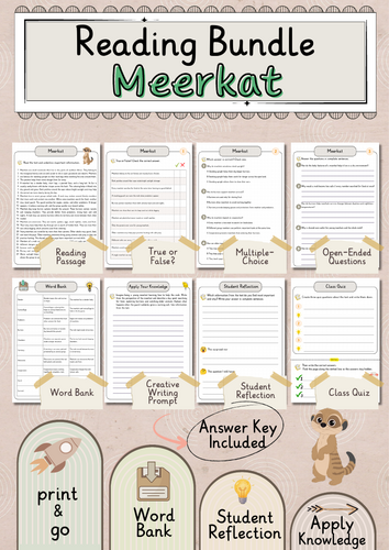 Meerkat Premium Reading Comprehension Activities Bundle with Word Bank