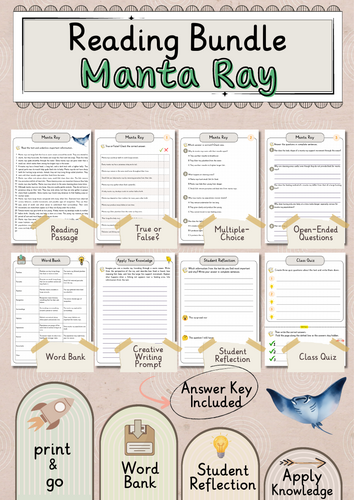 Manta Ray Premium Reading Comprehension Activities Bundle with Word Bank