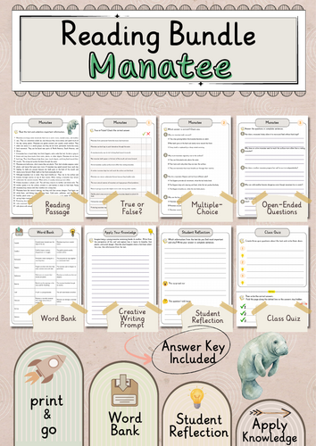 Manatee Premium Reading Comprehension Activities Bundle with Word Bank