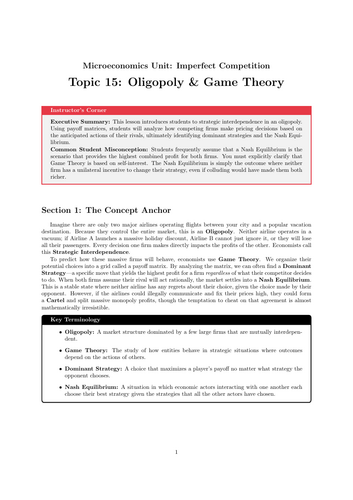 Secondary Economics Cover Work: Oligopoly and Game Theory