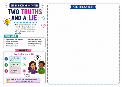 Two Truths and a Lie Worksheet | Ice Breaker Activity | Back to School | KS2 KS3