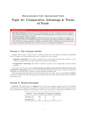 Secondary Economics Cover Work: Comparative Advantage and Terms of Trade