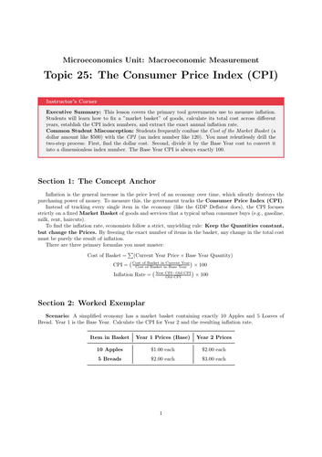 Secondary Economics Cover Work: The Consumer Price Index (CPI)
