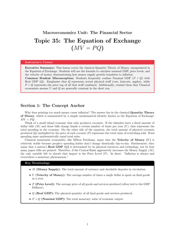 Secondary Economics Cover Work: The Equation of Exchange (MV = PQ)