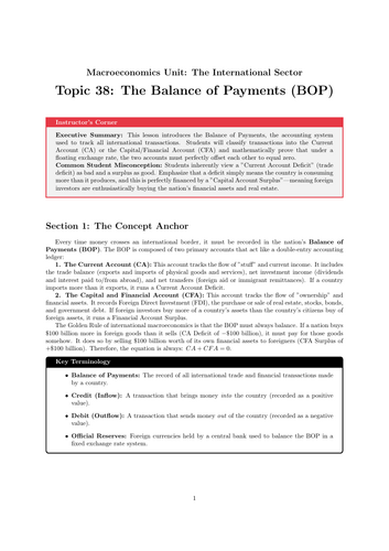 Secondary Economics Cover Work: The Balance of Payments (BOP)